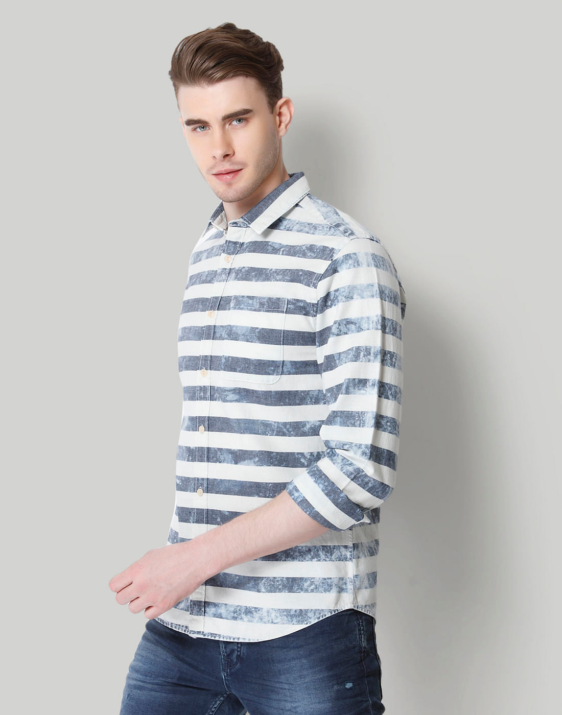 Beige & Grey Striped Shirt