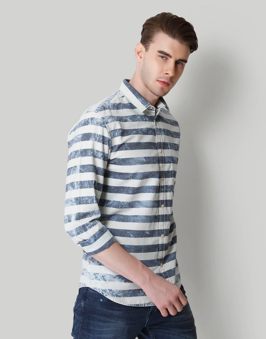 Beige & Grey Striped Shirt