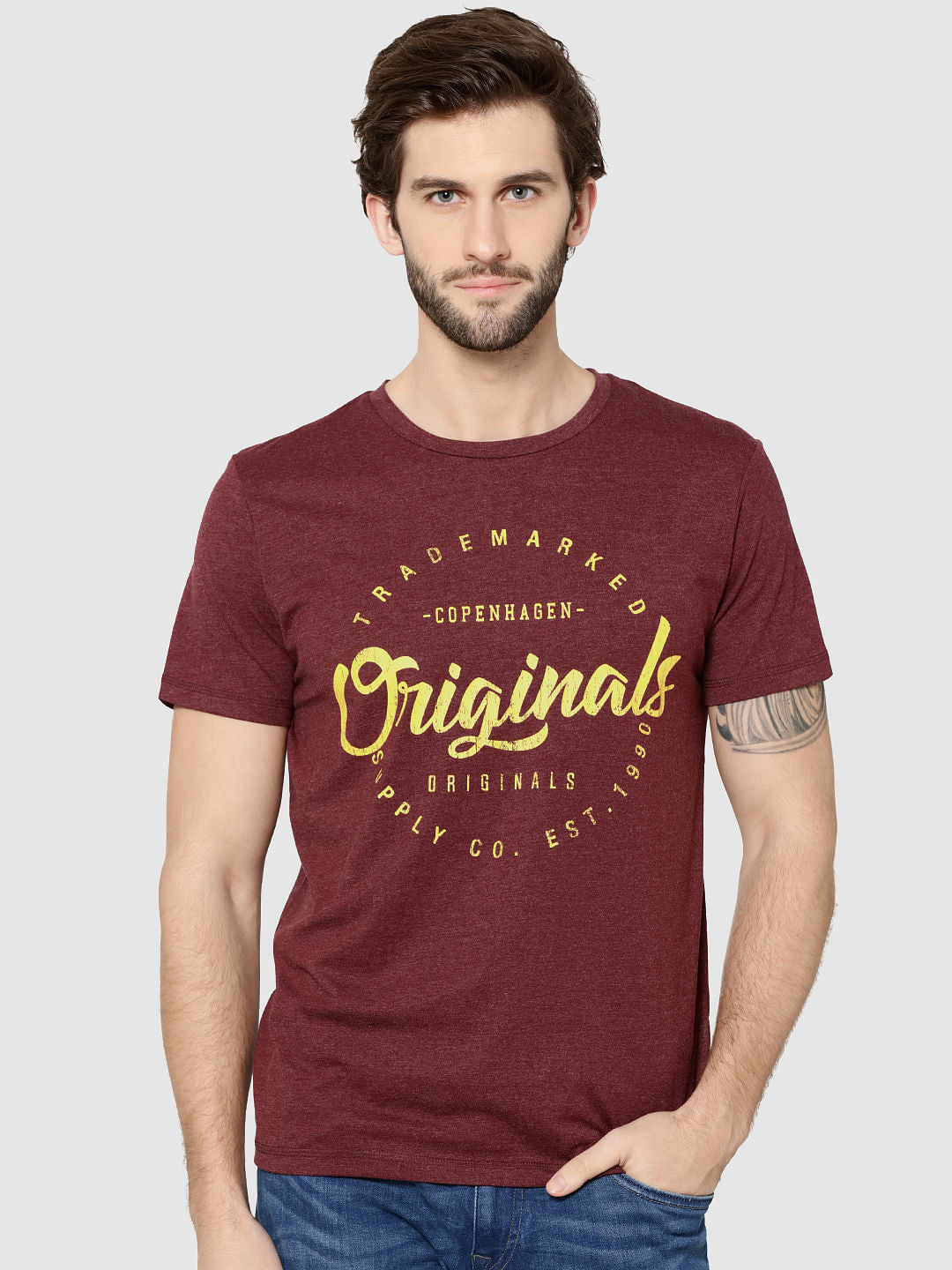 Burgundy Logo Print Crew Neck T-Shirt - S