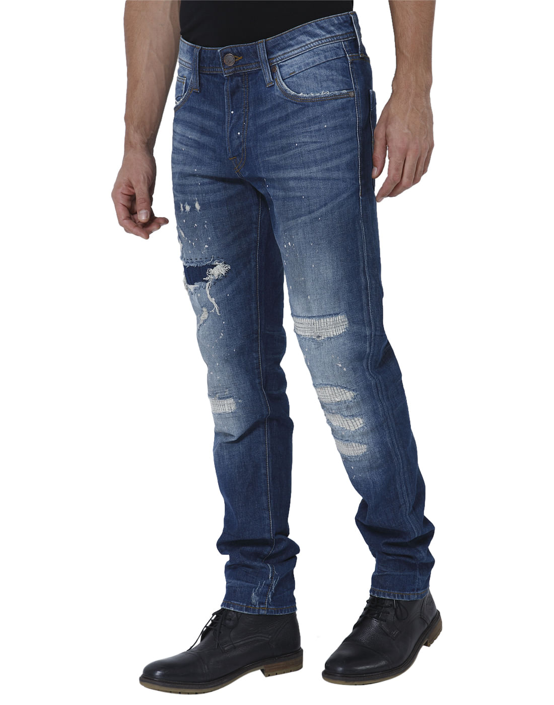 Blue Heavy Distressed Mid Rise Slim Fit Jeans