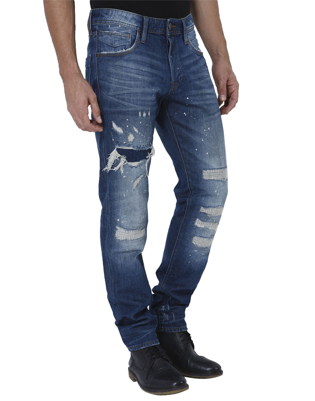 Blue Heavy Distressed Mid Rise Slim Fit Jeans