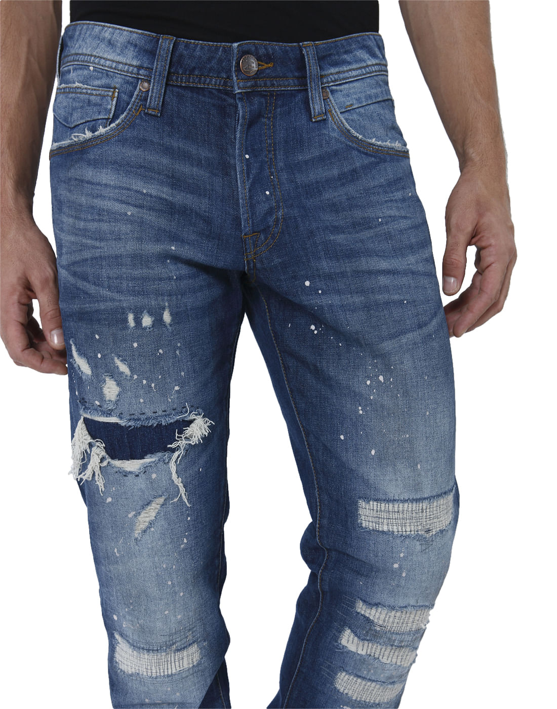 Blue Heavy Distressed Mid Rise Slim Fit Jeans
