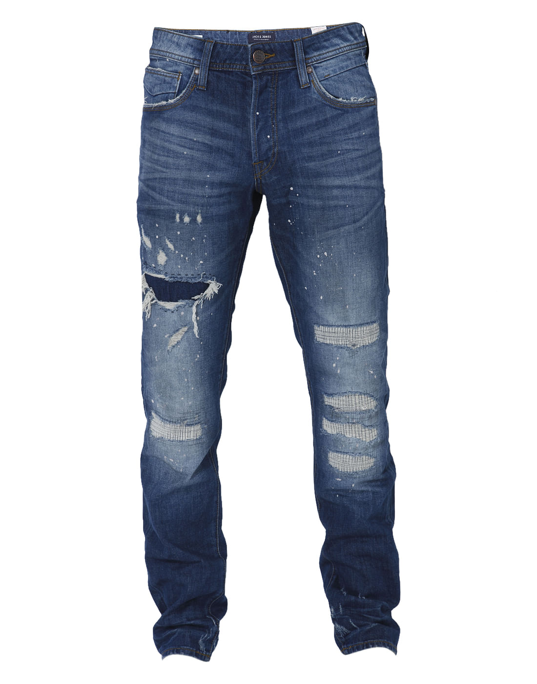 Blue Heavy Distressed Mid Rise Slim Fit Jeans