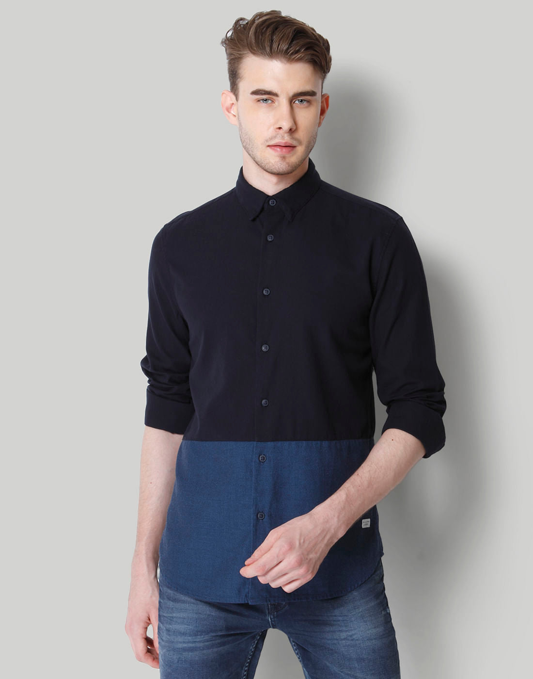 Dark Blue Colour Blocked Shirt - S