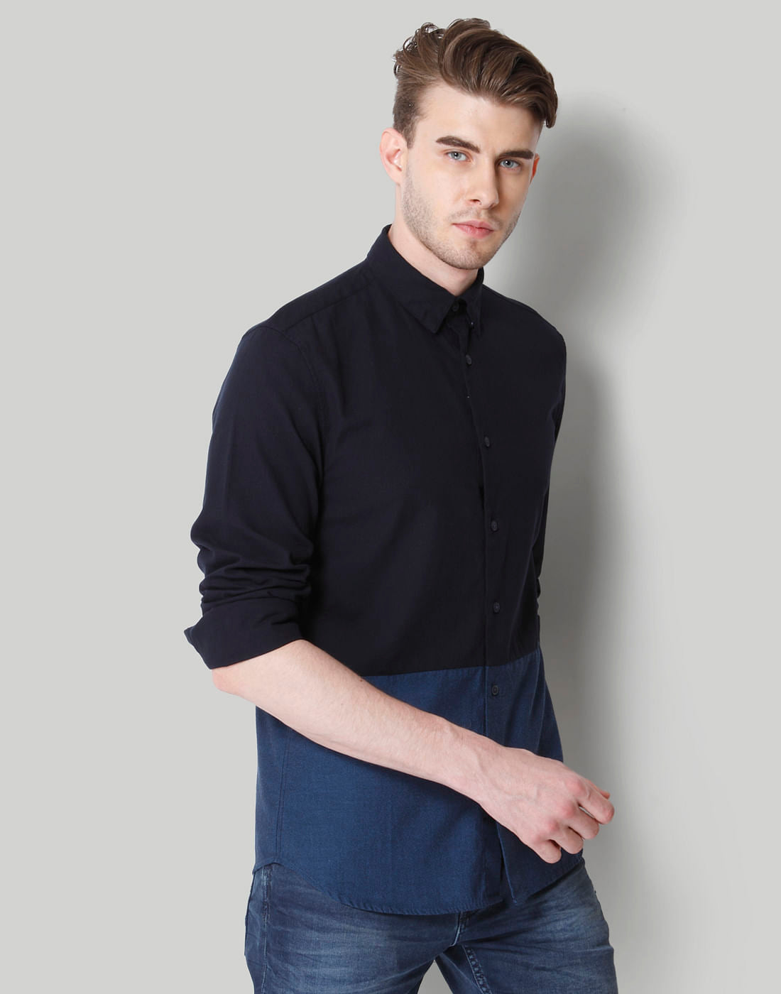 Dark Blue Colour Blocked Shirt