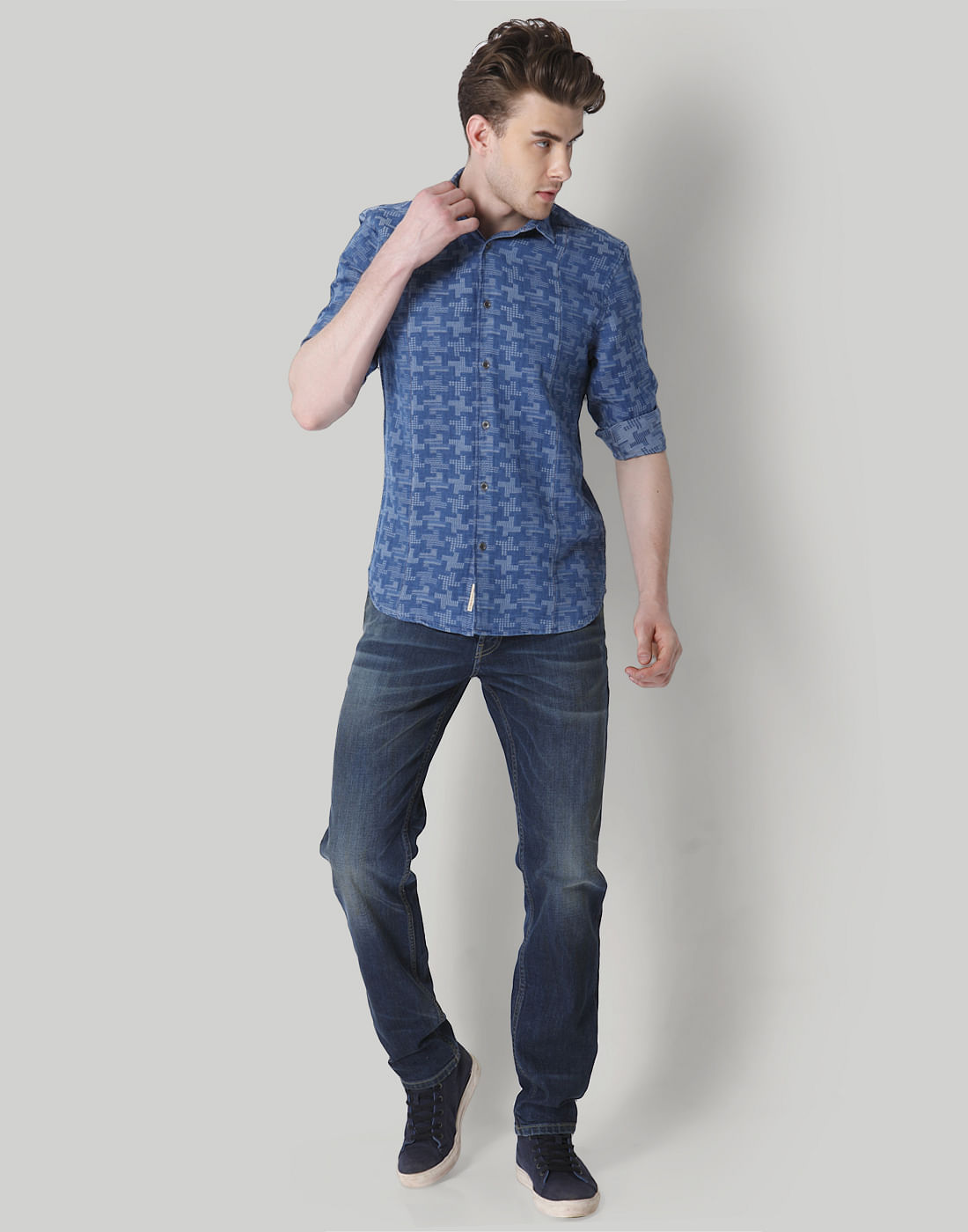 Blue Self Design Slim Fit Shirt