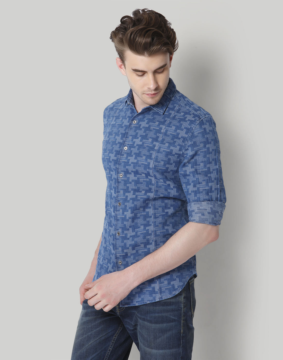 Blue Self Design Slim Fit Shirt