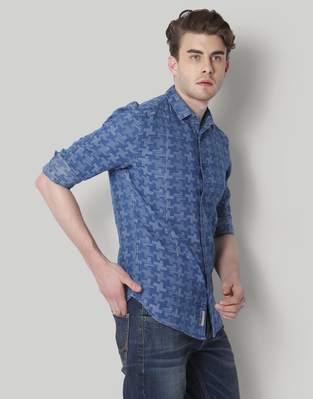 Blue Self Design Slim Fit Shirt