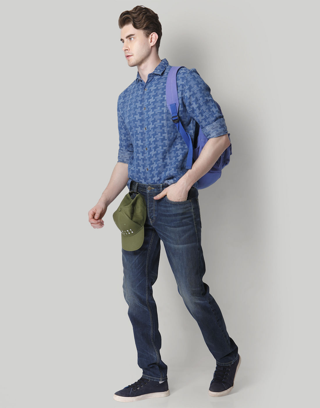 Blue Self Design Slim Fit Shirt
