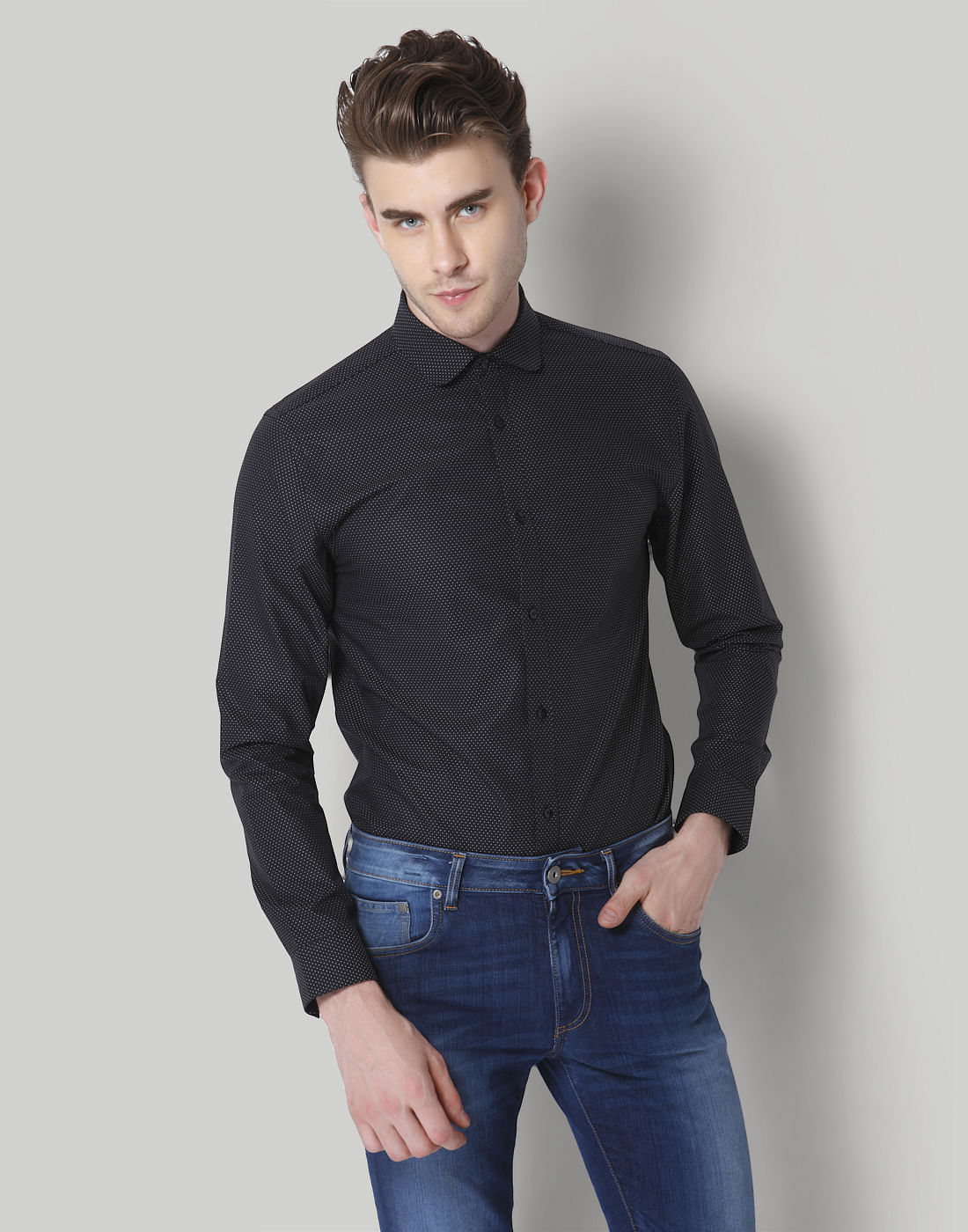 Black Dotted Slim Fit Shirt - S
