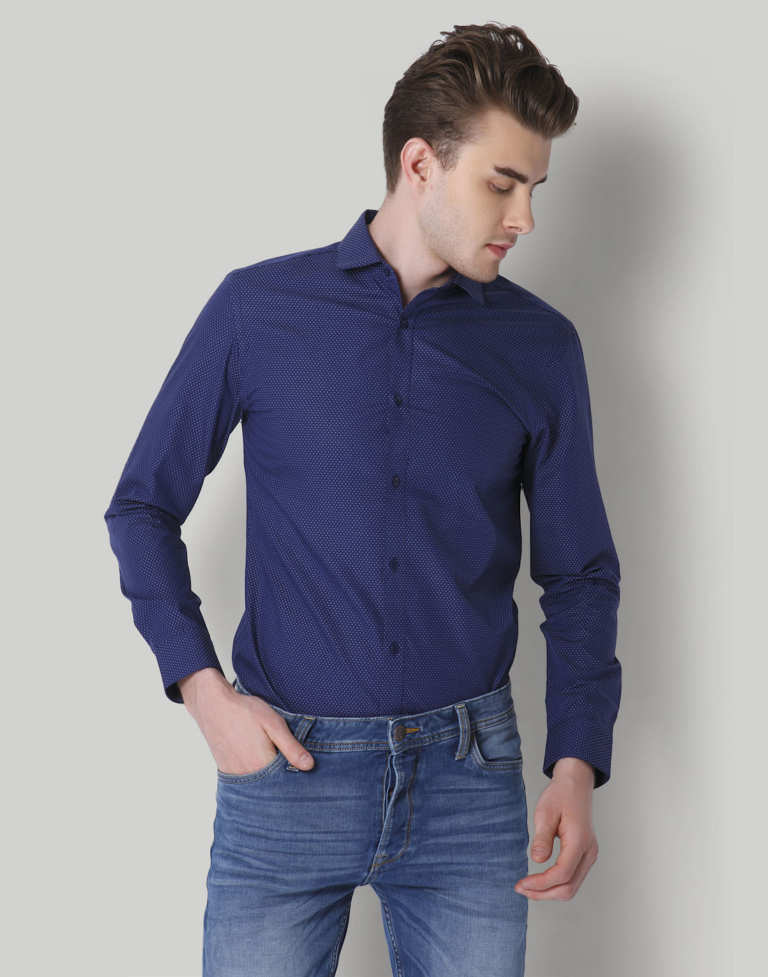 Blue Dotted Slim Fit Shirt - S