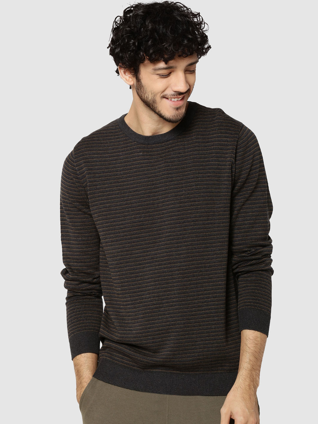 Dark Grey Striped Jacquard Pullover - S
