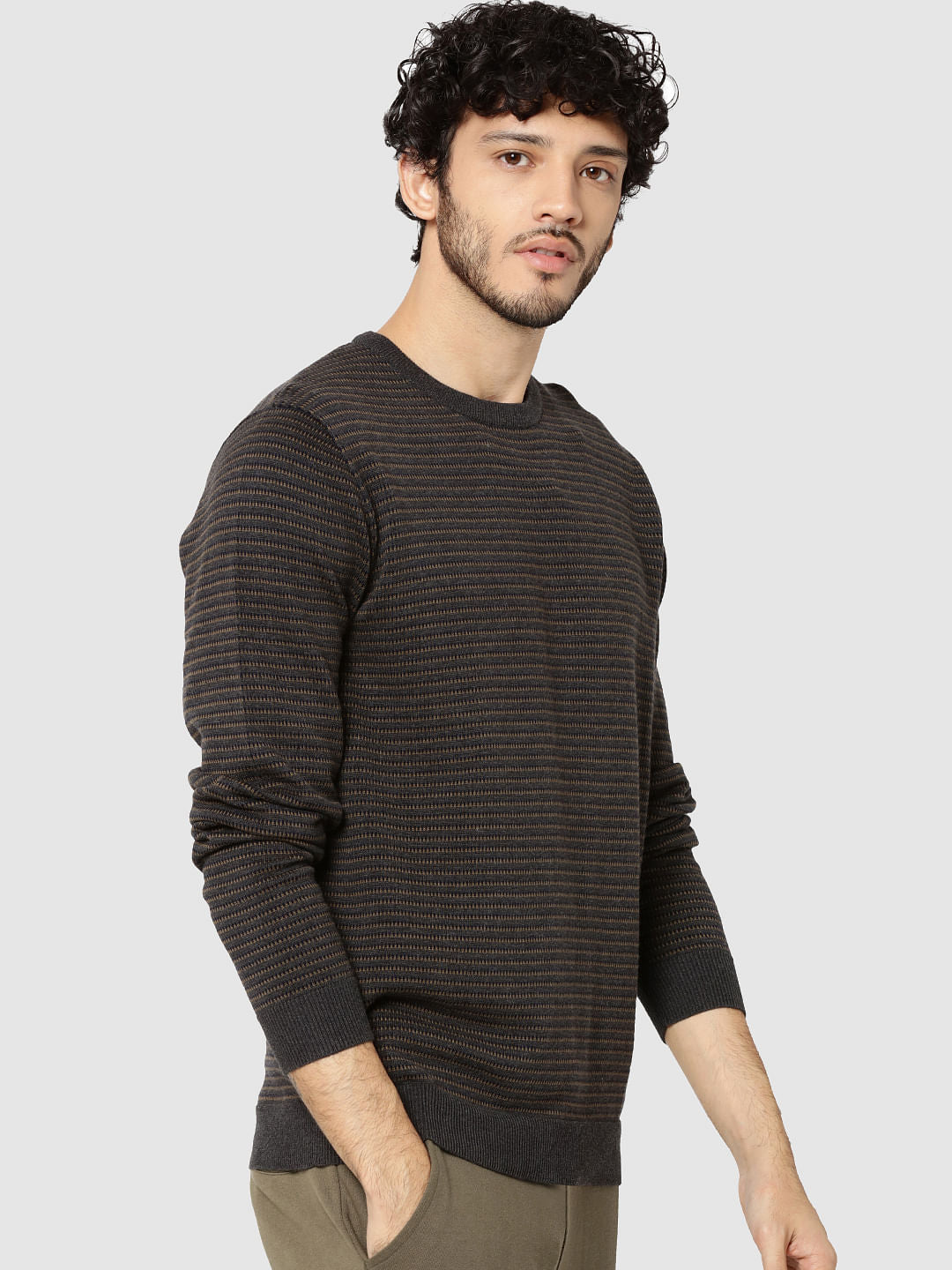 Dark Grey Striped Jacquard Pullover