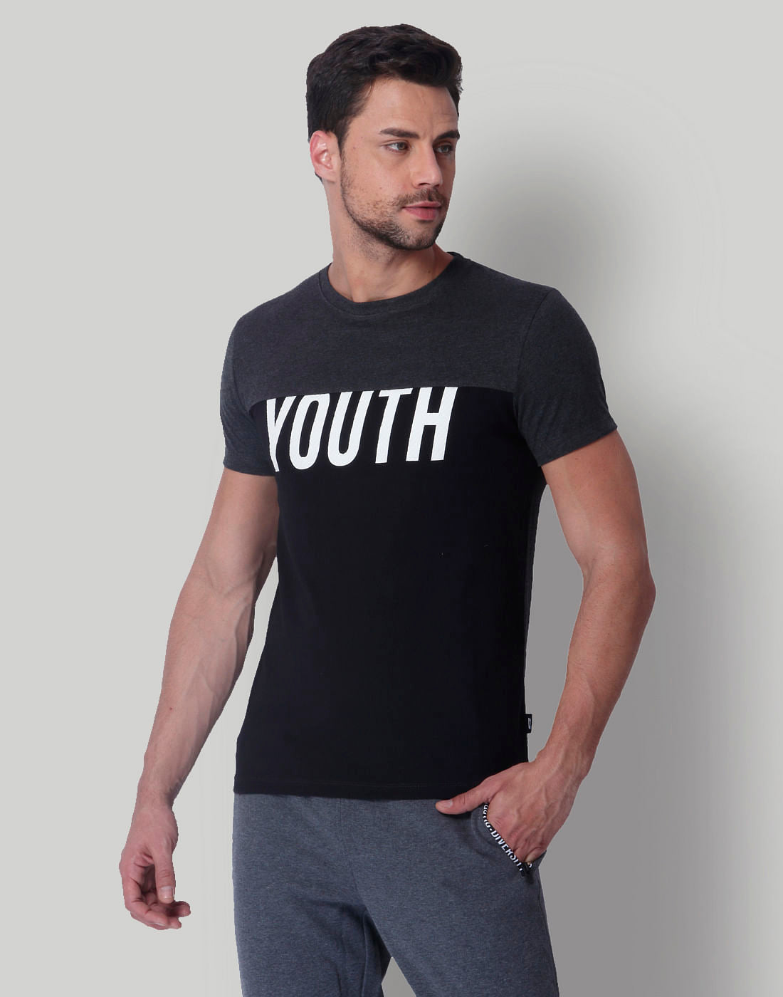 Grey & Black Crew Neck T-Shirt - S