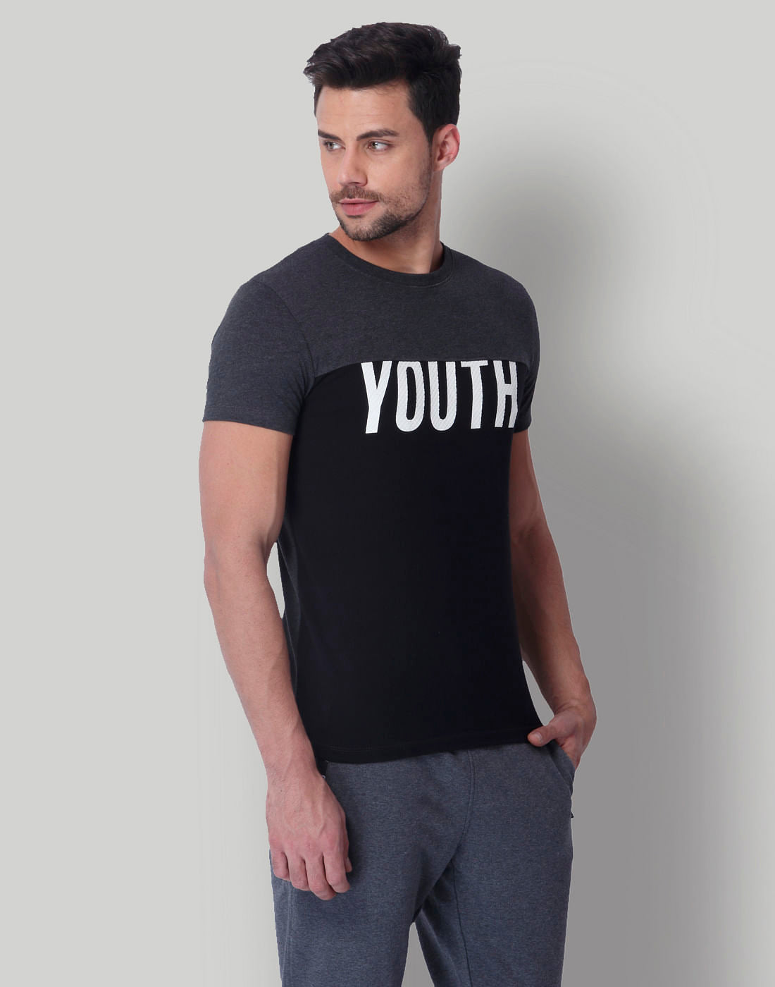 Grey & Black Crew Neck T-Shirt