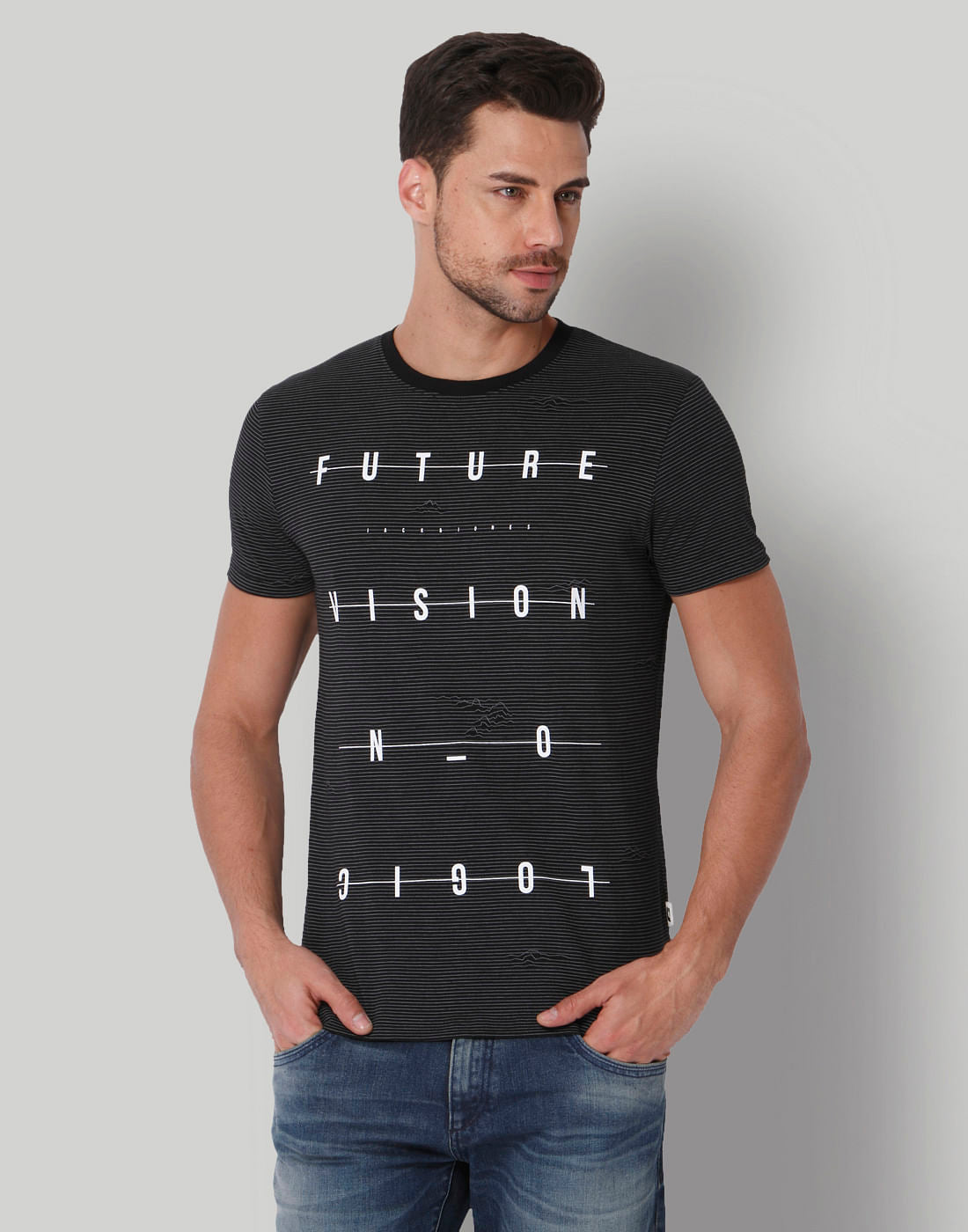 Black Text Print Crew Neck T-Shirt - S