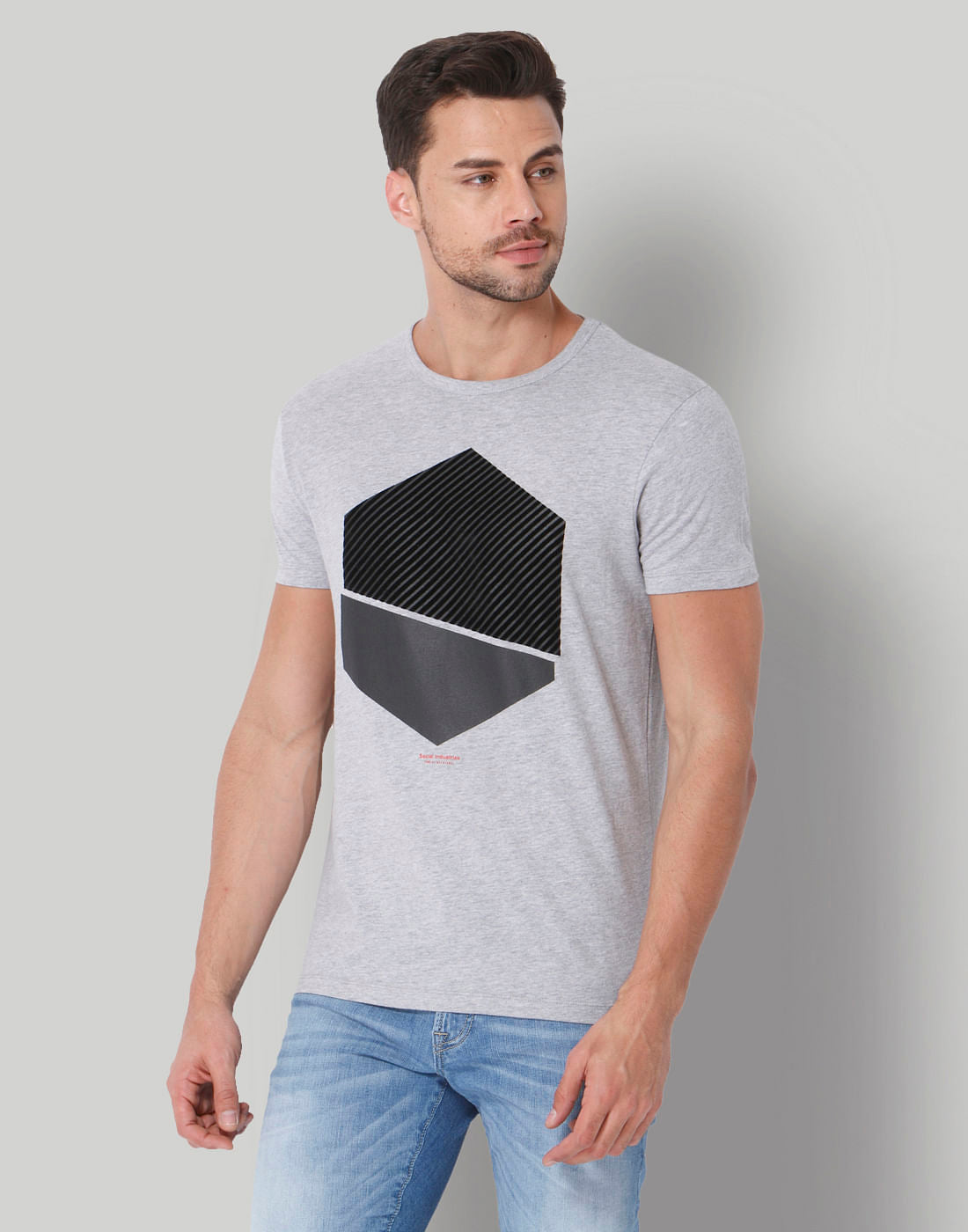 Grey Colour Blocked Graphic Print Crew Neck T-Shirt