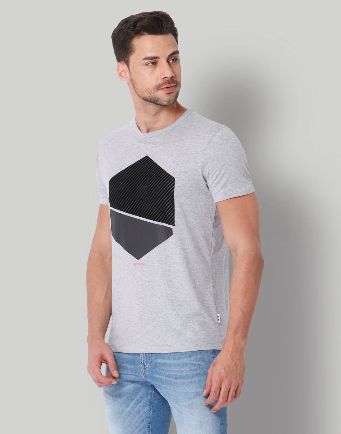 Grey Colour Blocked Graphic Print Crew Neck T-Shirt