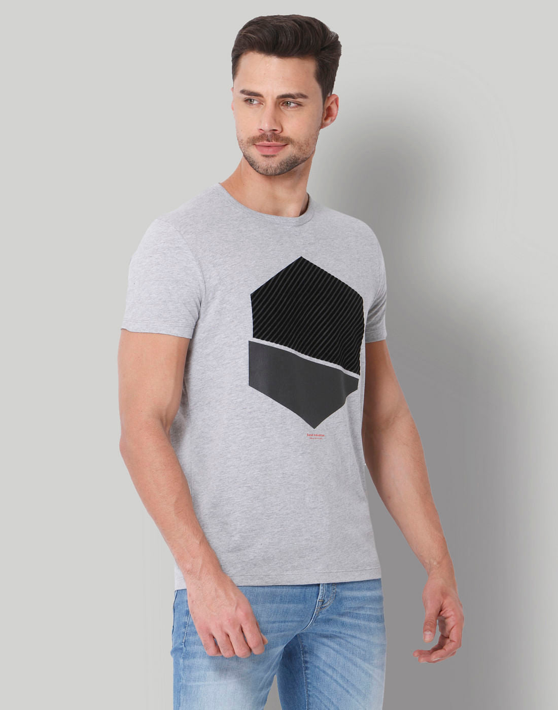 Grey Colour Blocked Graphic Print Crew Neck T-Shirt