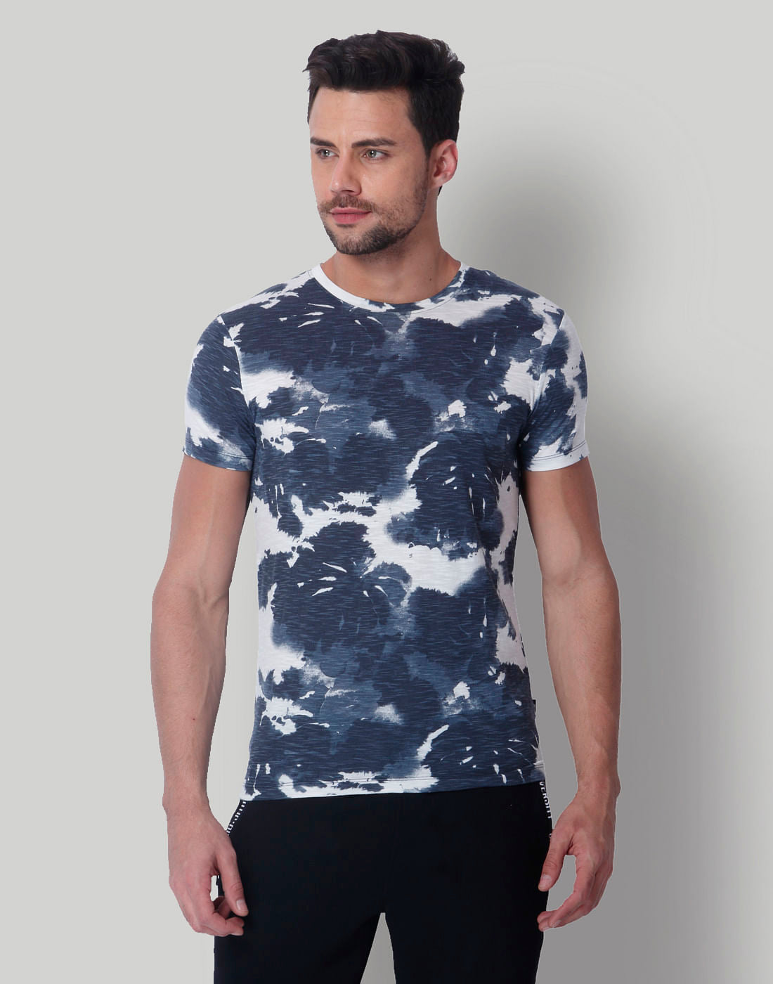 White & Grey Batik Print Crew Neck T-Shirt - S