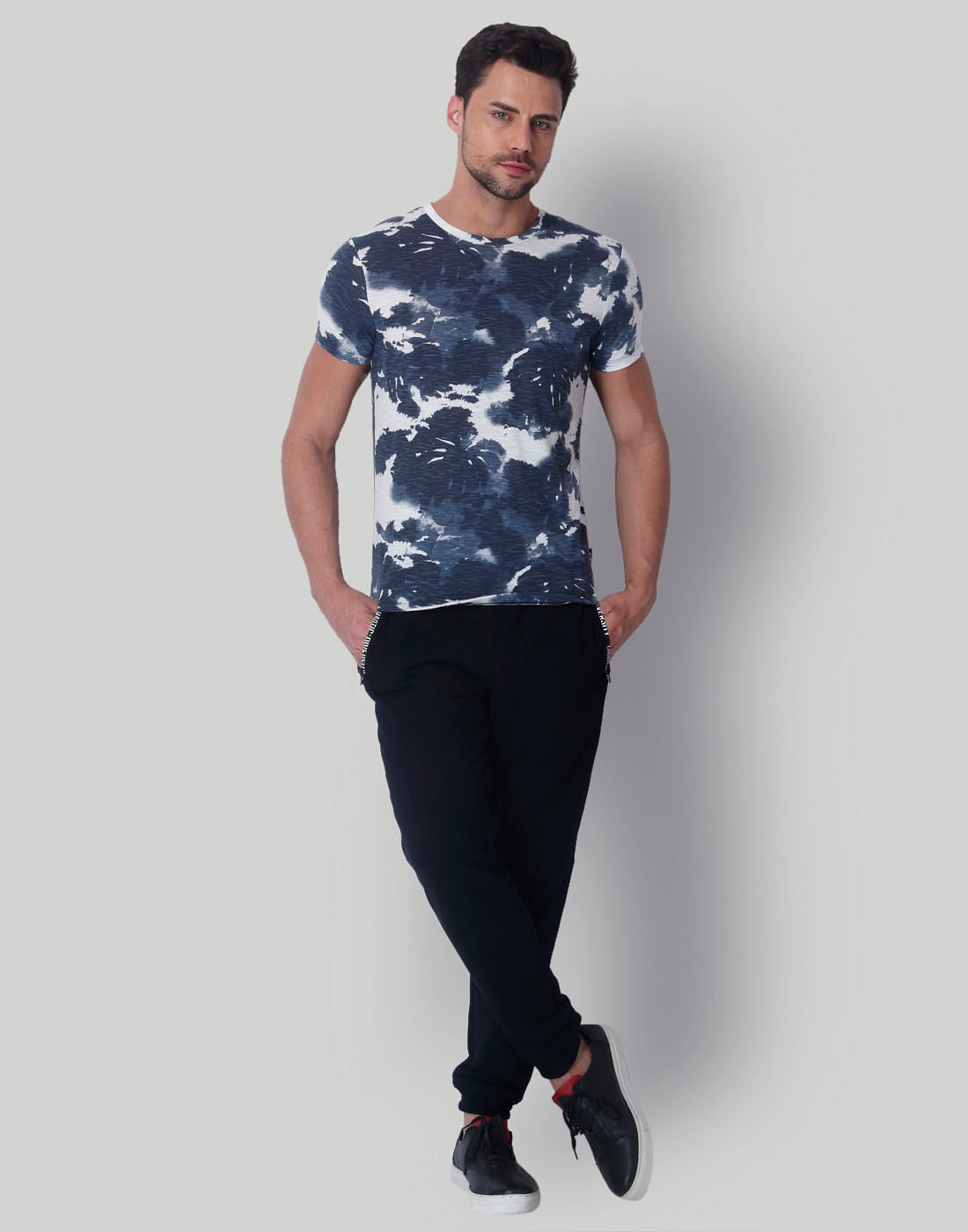 White & Grey Batik Print Crew Neck T-Shirt