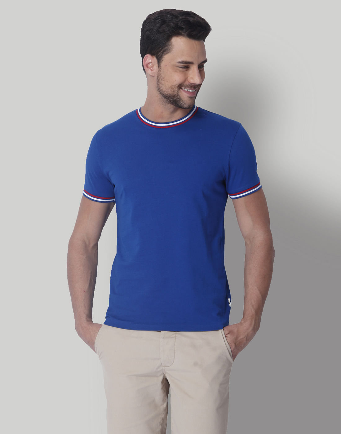 Blue Contrast Collar Band Crew Neck T-Shirt - S