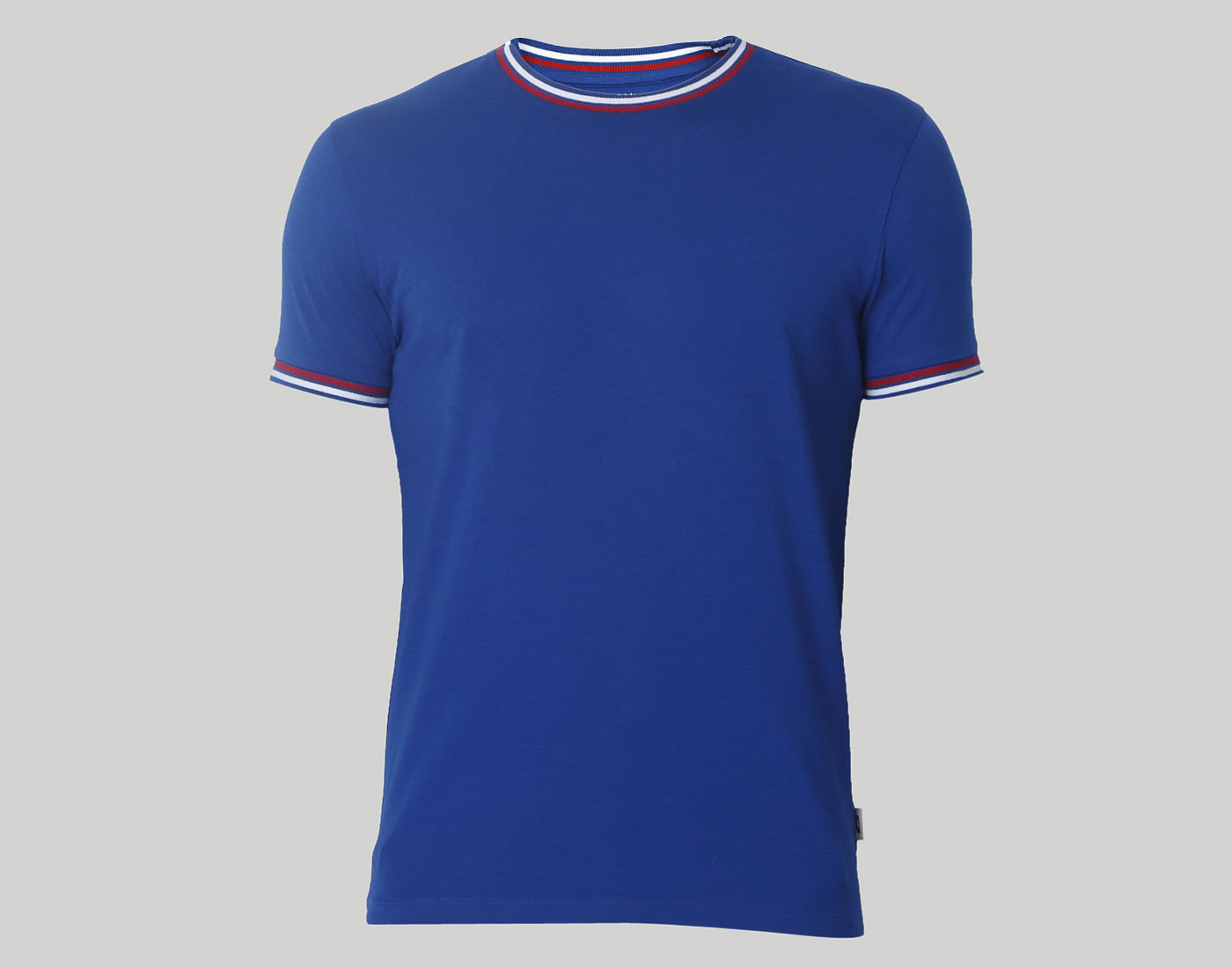 Blue Contrast Collar Band Crew Neck T-Shirt