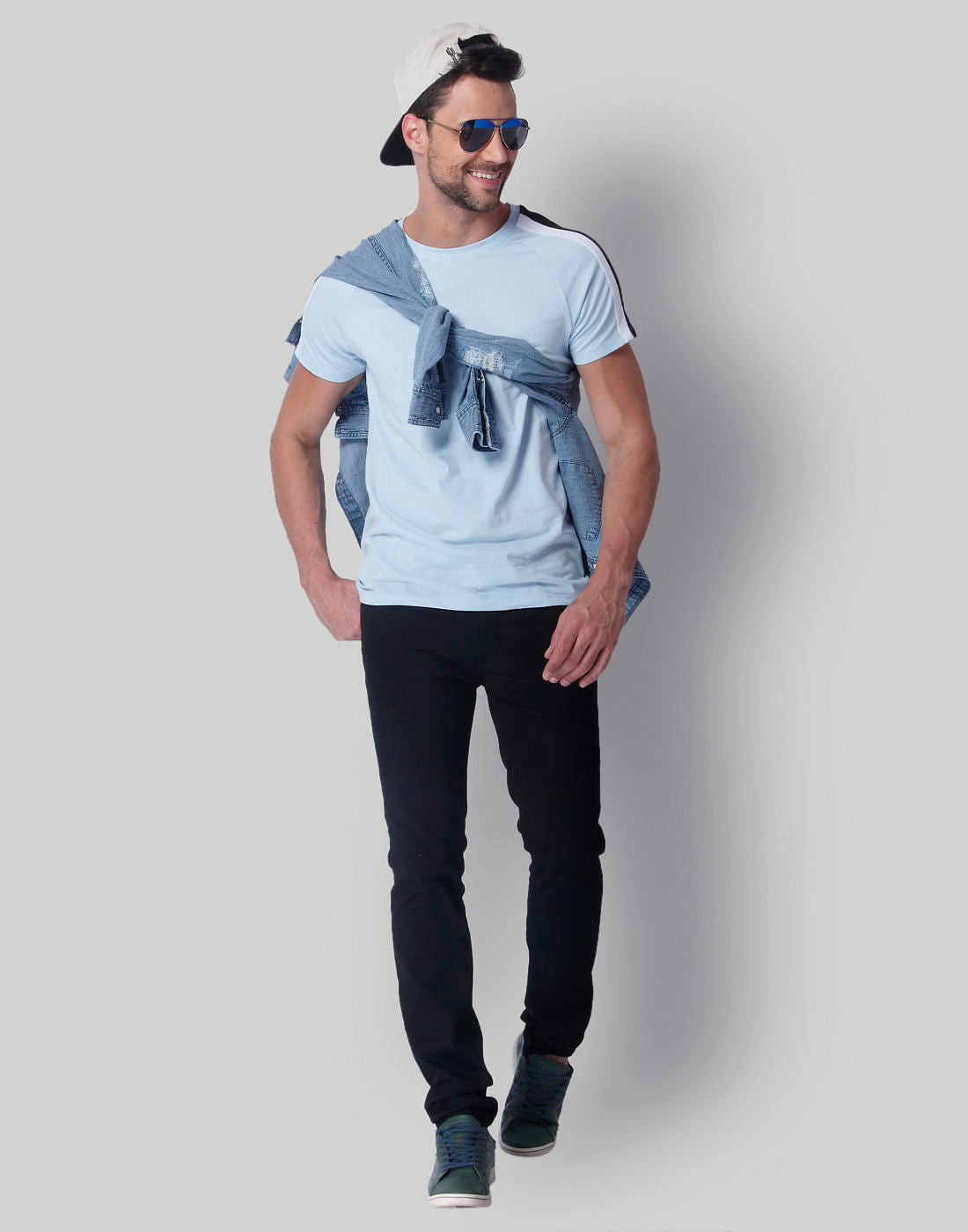 Light Blue Tape Detail Crew Neck T-Shirt