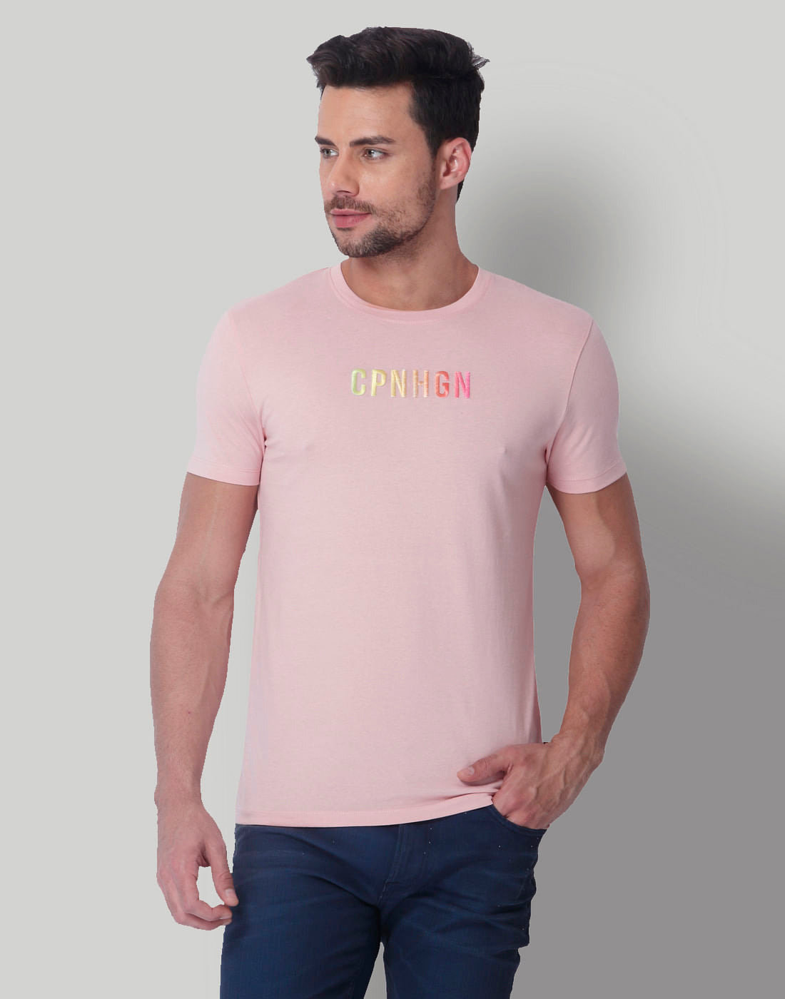 Light Pink Text Print Crew Neck T-Shirt - S