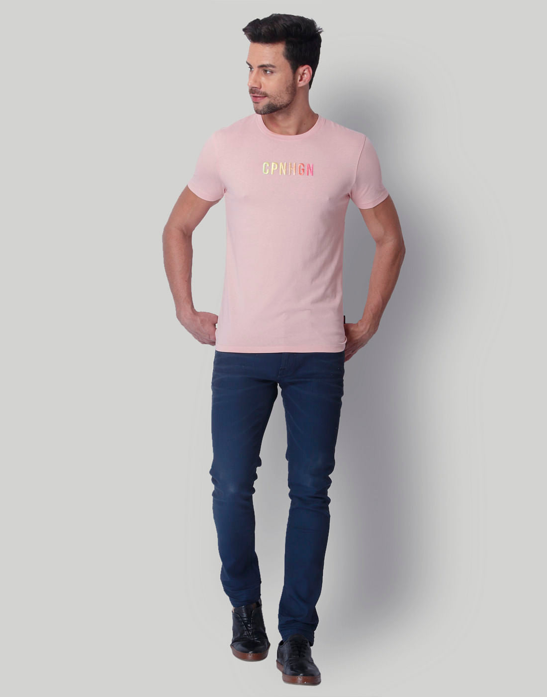 Light Pink Text Print Crew Neck T-Shirt