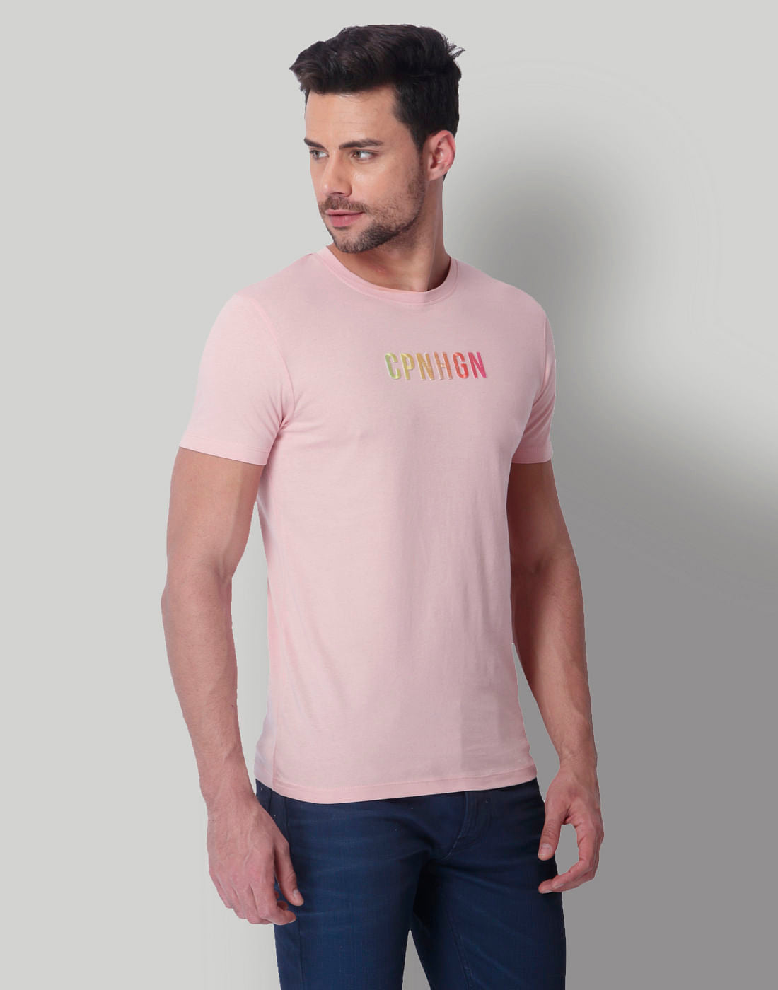 Light Pink Text Print Crew Neck T-Shirt