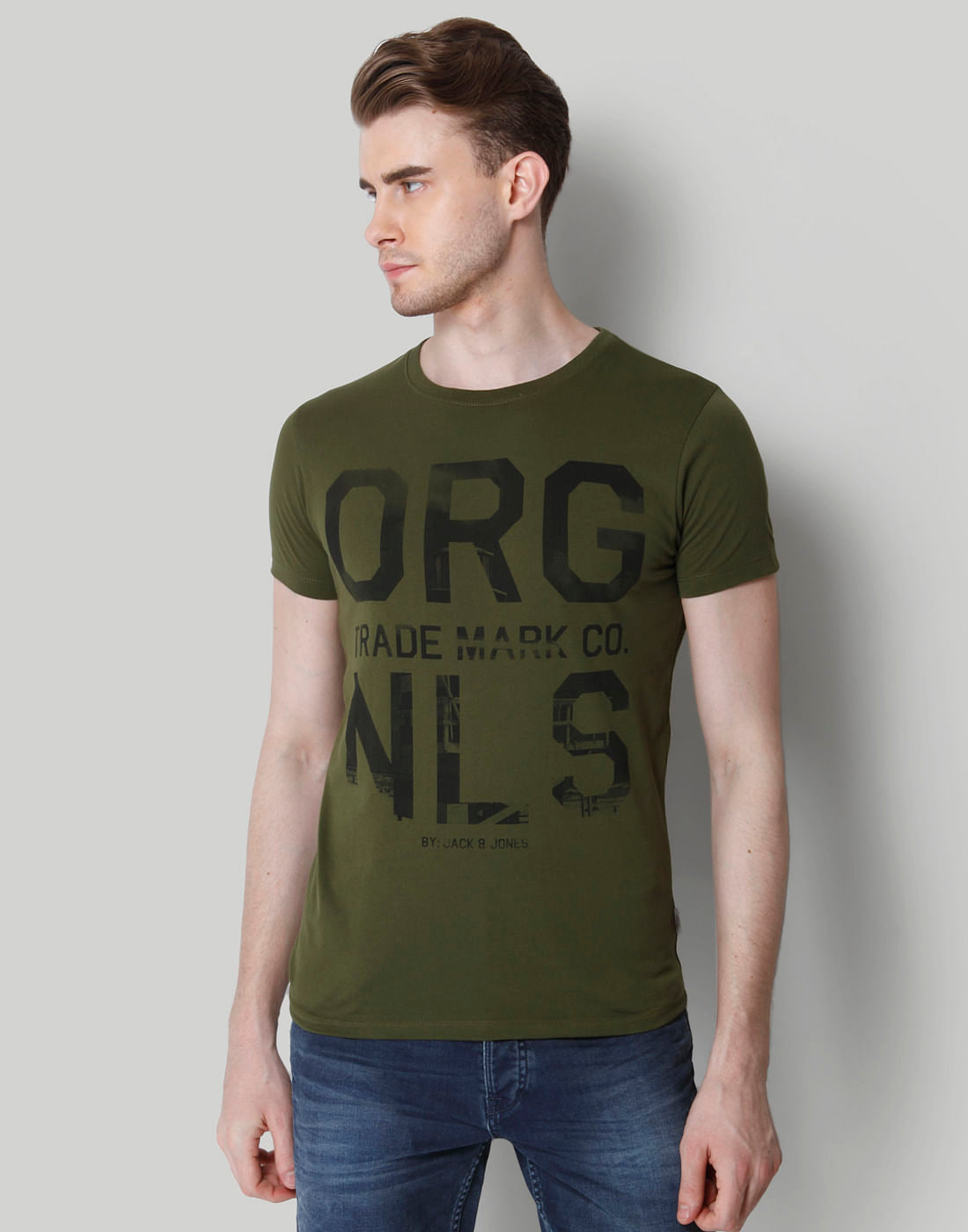 Olive Green Text Print Crew Neck T-Shirt - S