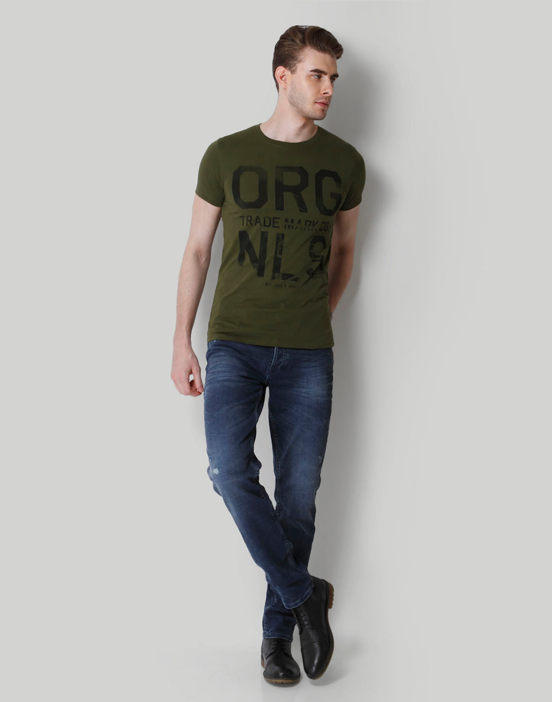 Olive Green Text Print Crew Neck T-Shirt