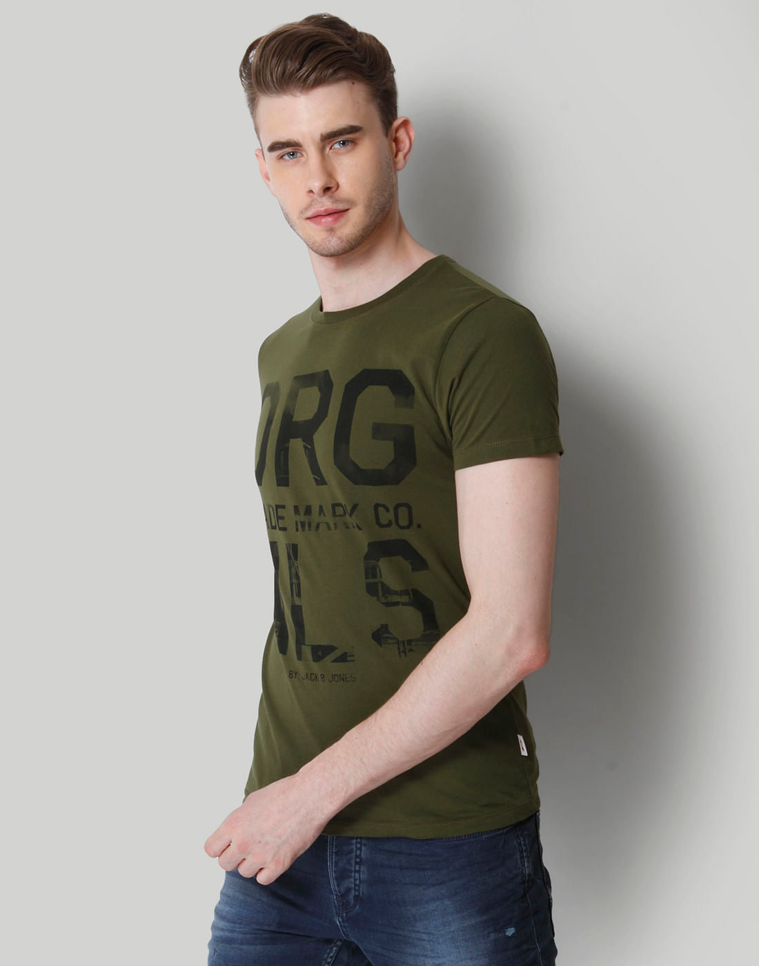 Olive Green Text Print Crew Neck T-Shirt