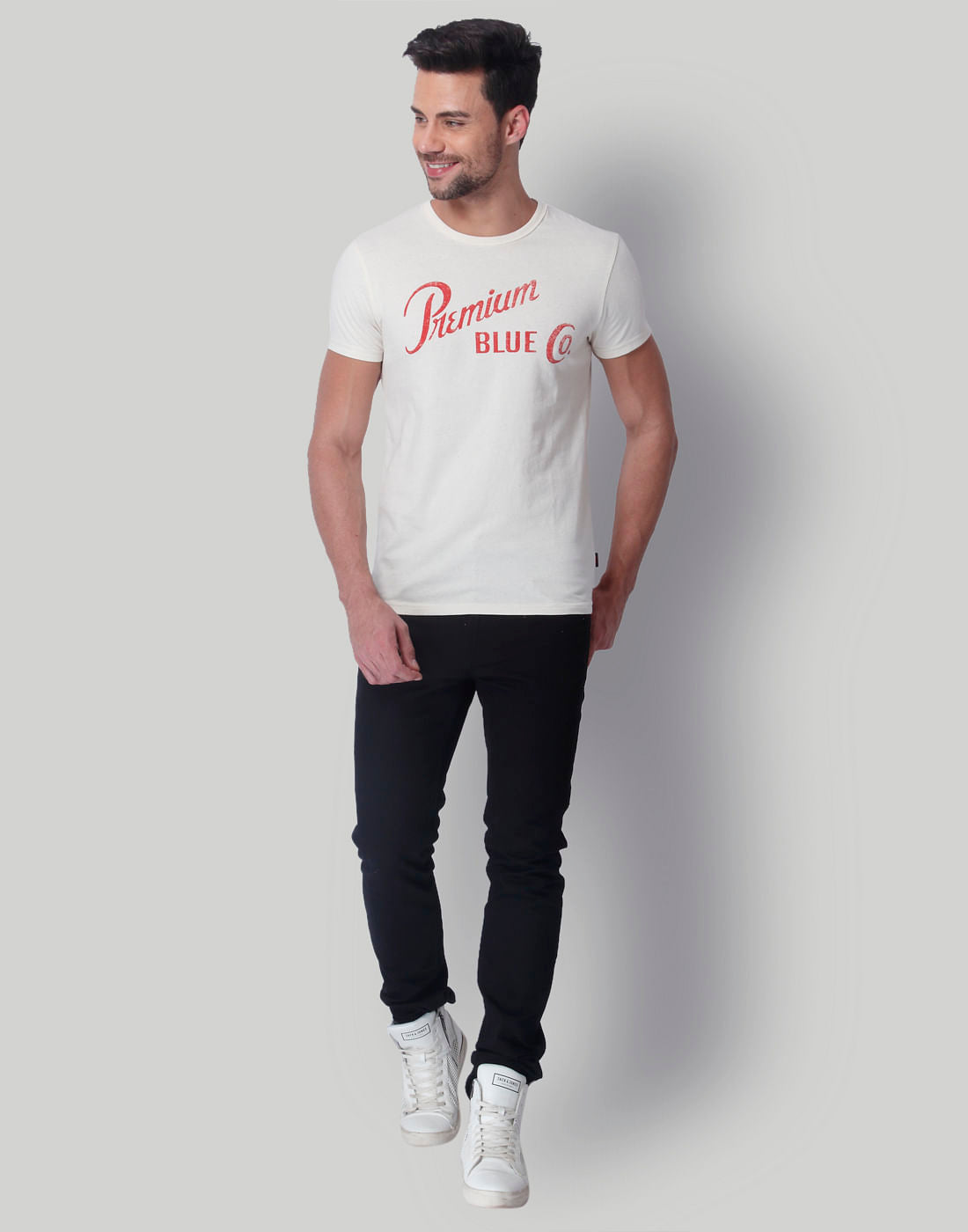 Off White Text Print Crew Neck T-Shirt