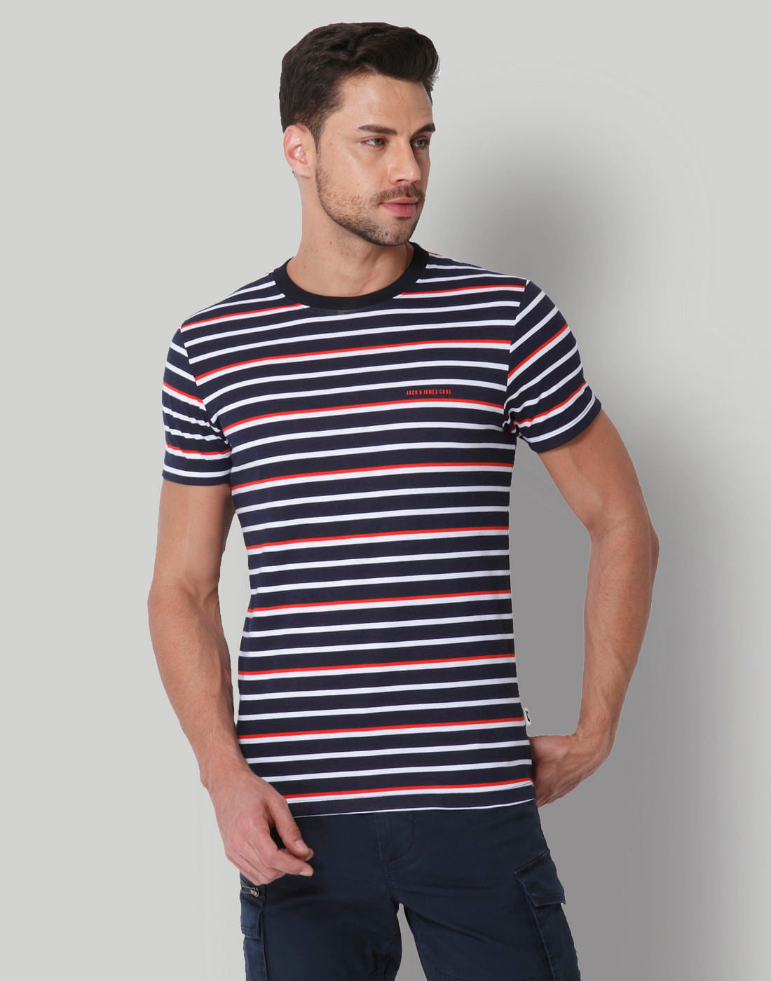 White & Red Striped Crew Neck T-Shirt - S