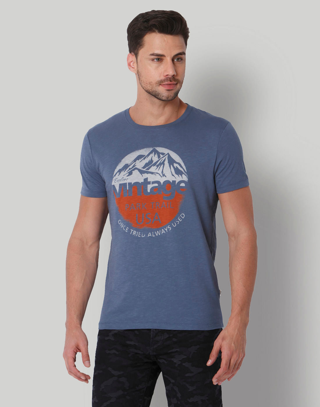 Blue Graphic Print Crew Neck T-Shirt - S