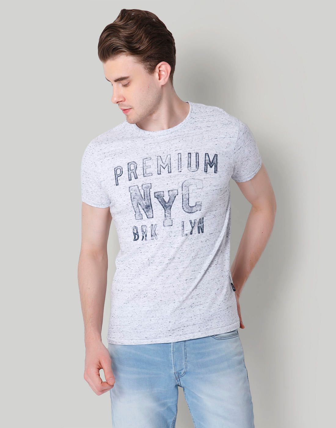 Grey Text Print Crew Neck T-Shirt - S