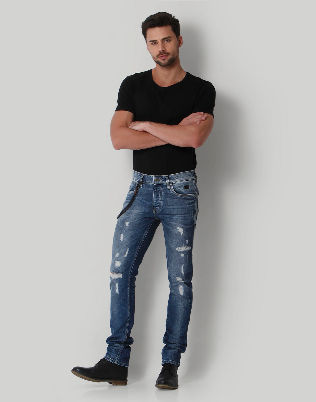 Blue Distressed Low Rise Slim Fit Jeans