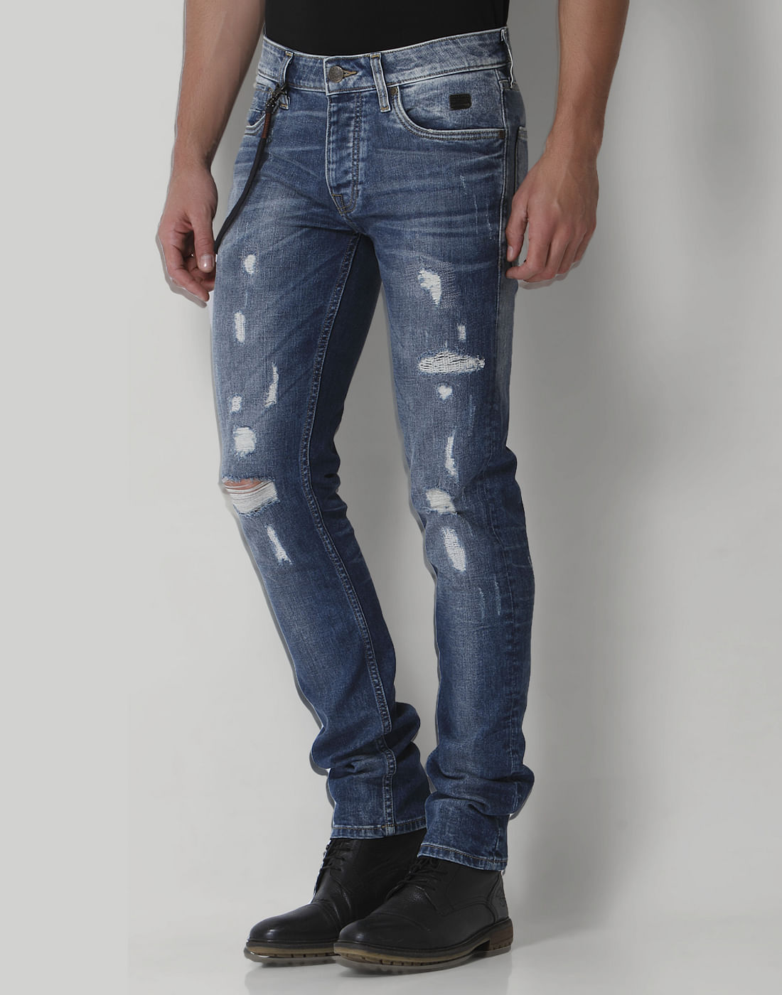 Blue Distressed Low Rise Slim Fit Jeans