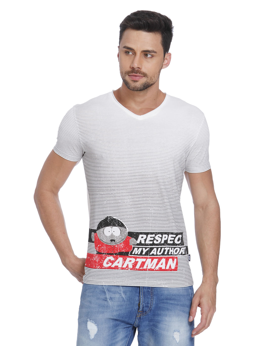 White Striped Cartman Print V-Neck T-Shirt - S