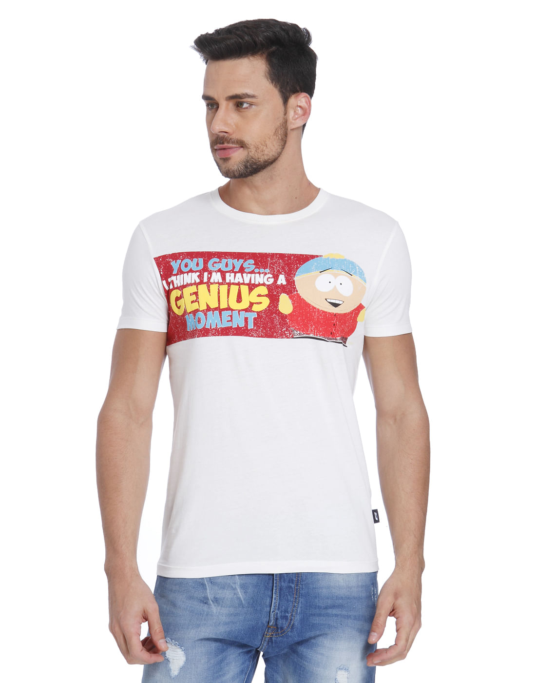 White Text & Cartman Print Crew Neck T-Shirt - S