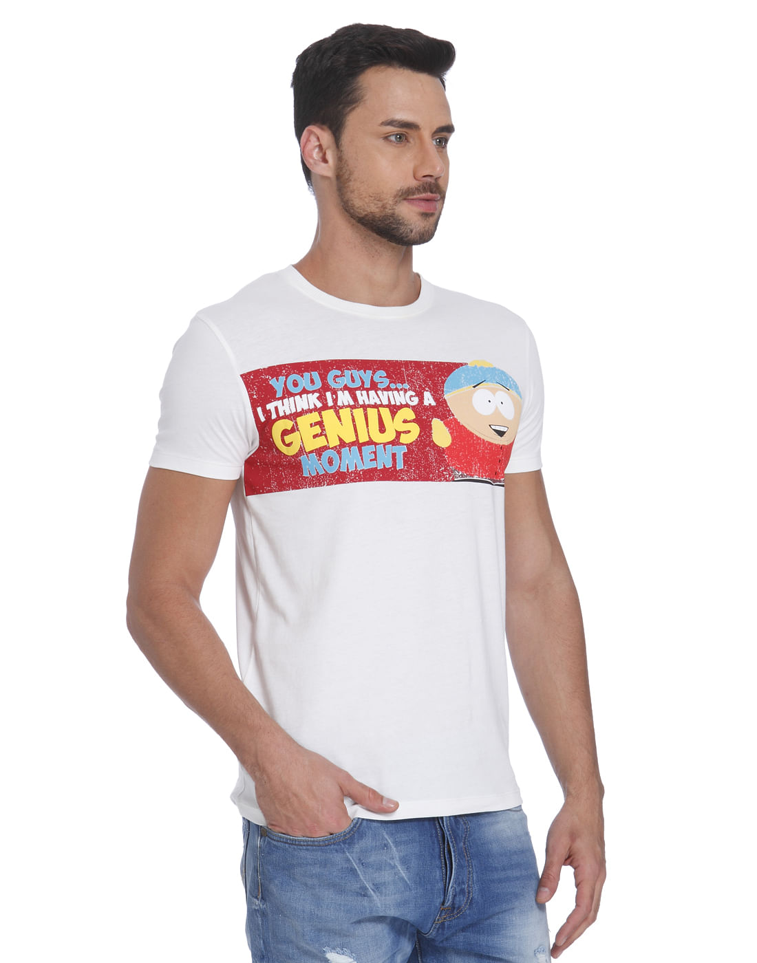 White Text & Cartman Print Crew Neck T-Shirt