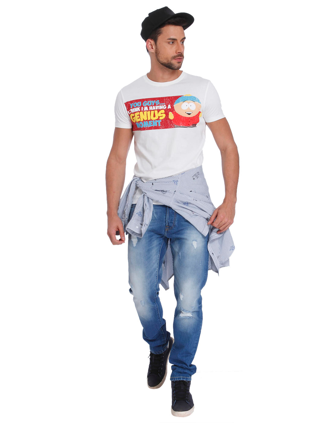 White Text & Cartman Print Crew Neck T-Shirt