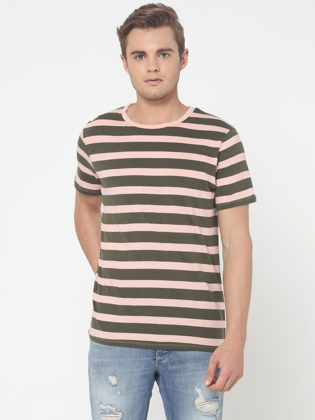 Pink Striped Crew Neck T-Shirt - S
