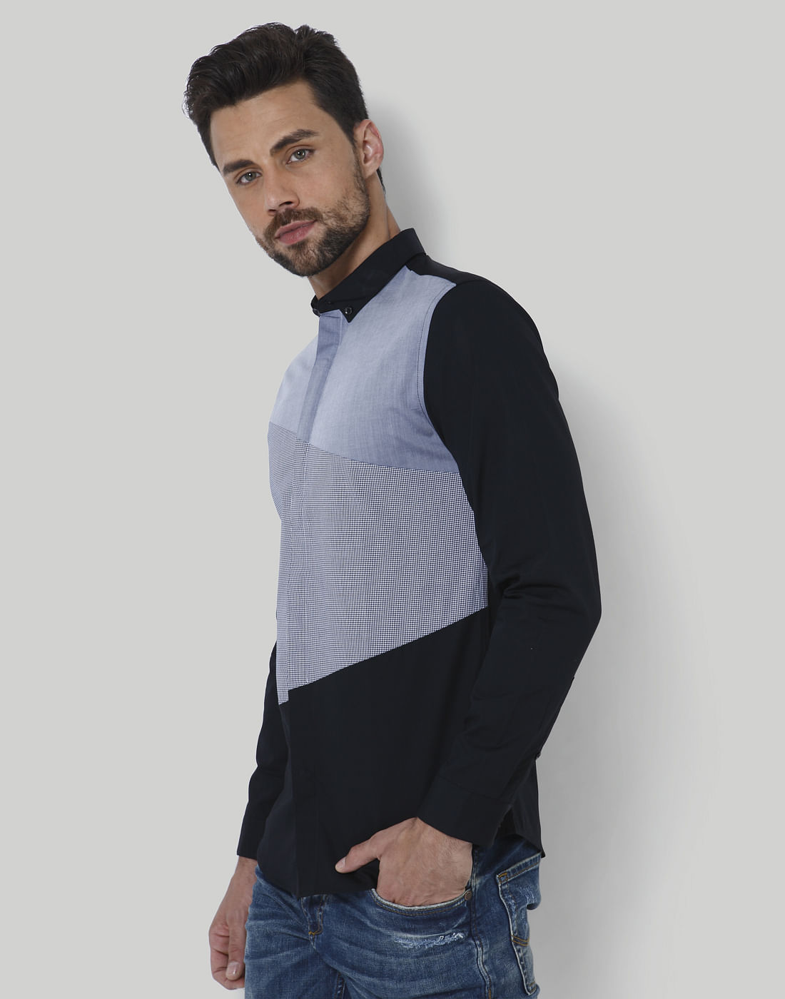 Black Colour Blocked Slim Fit Shirt