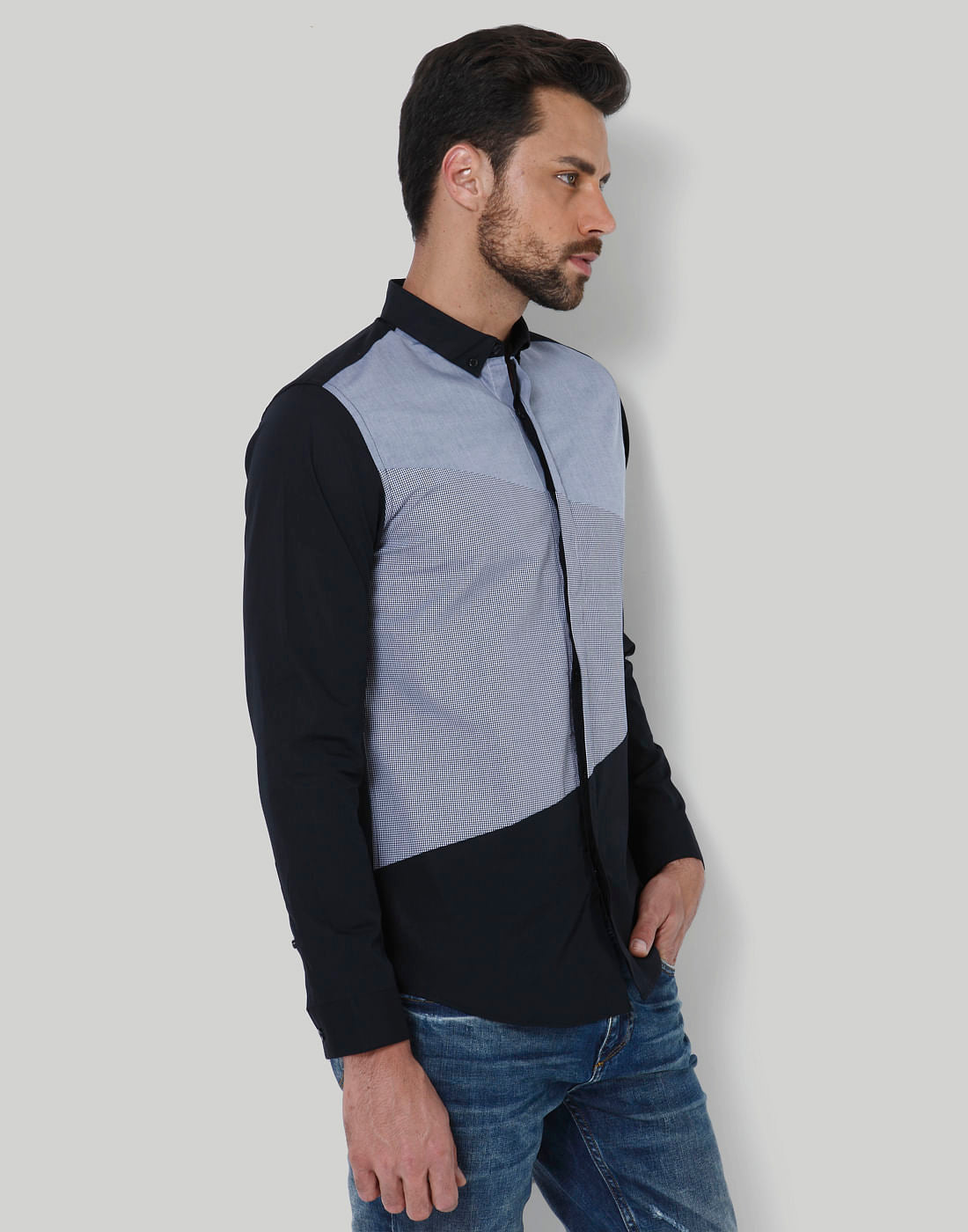 Black Colour Blocked Slim Fit Shirt