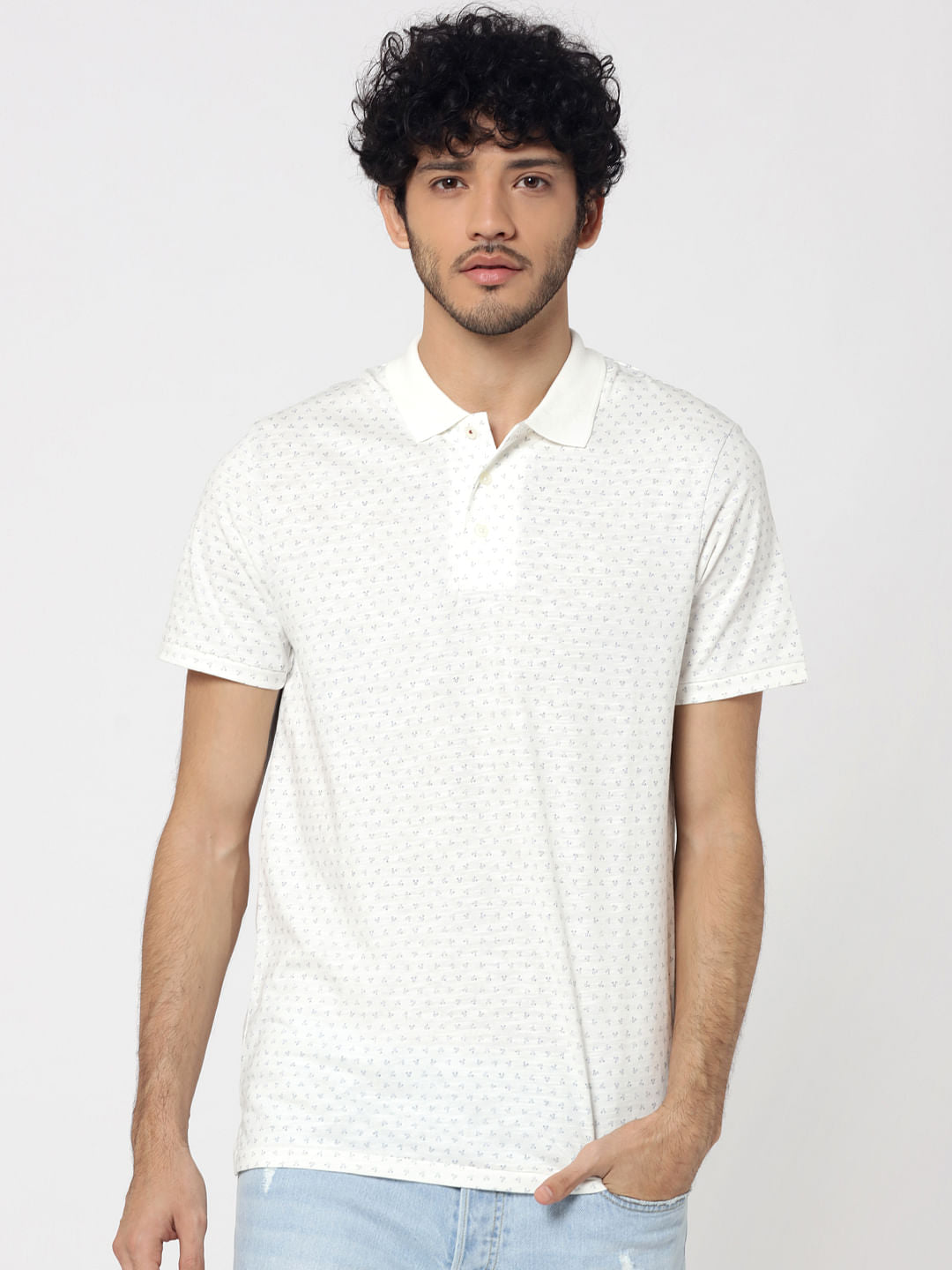 White All Over Printed Polo T-Shirt