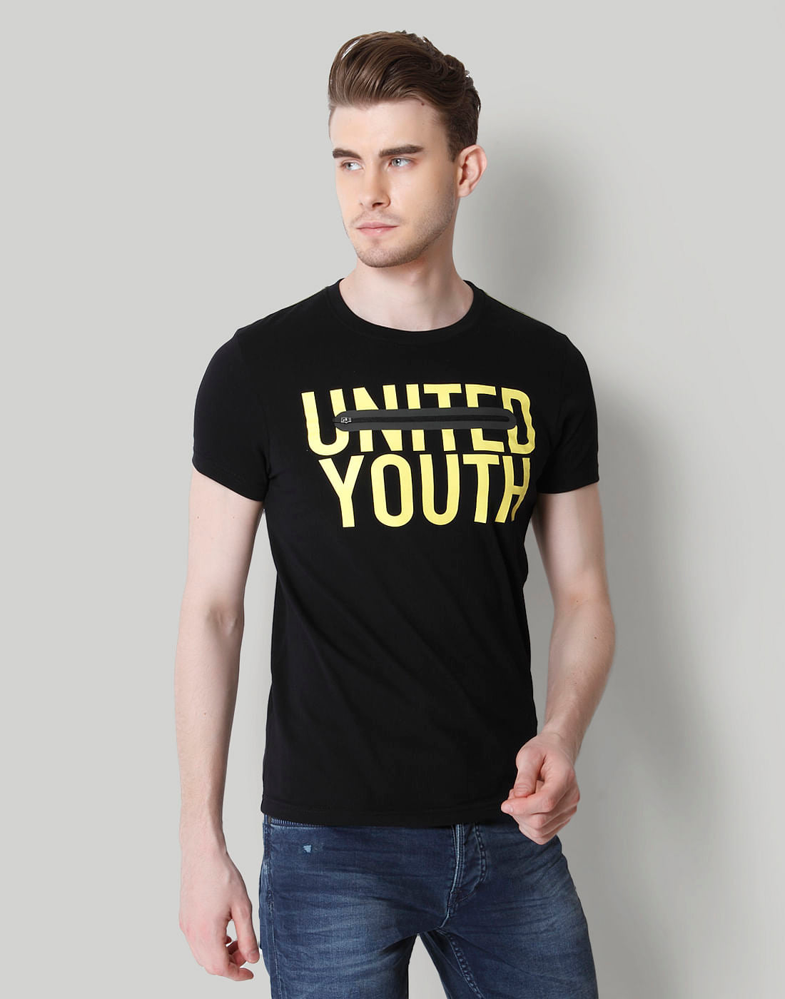 Black Text Print Crew Neck T-Shirt - S