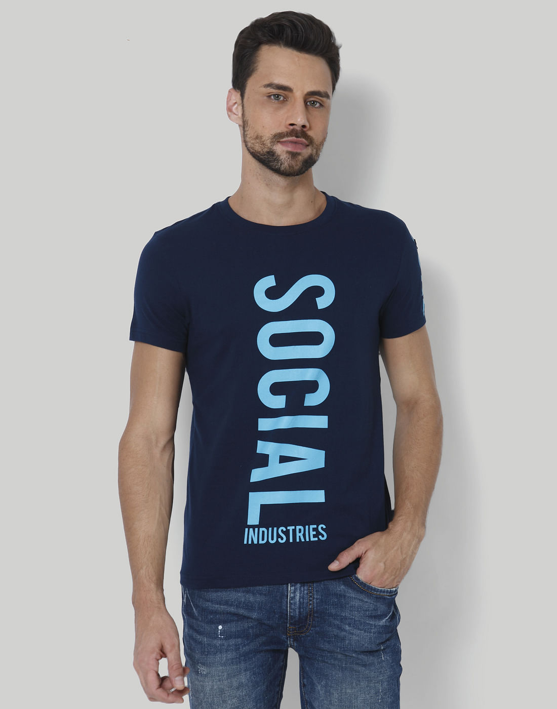 Dark Blue Text Print Crew Neck T-Shirt - S